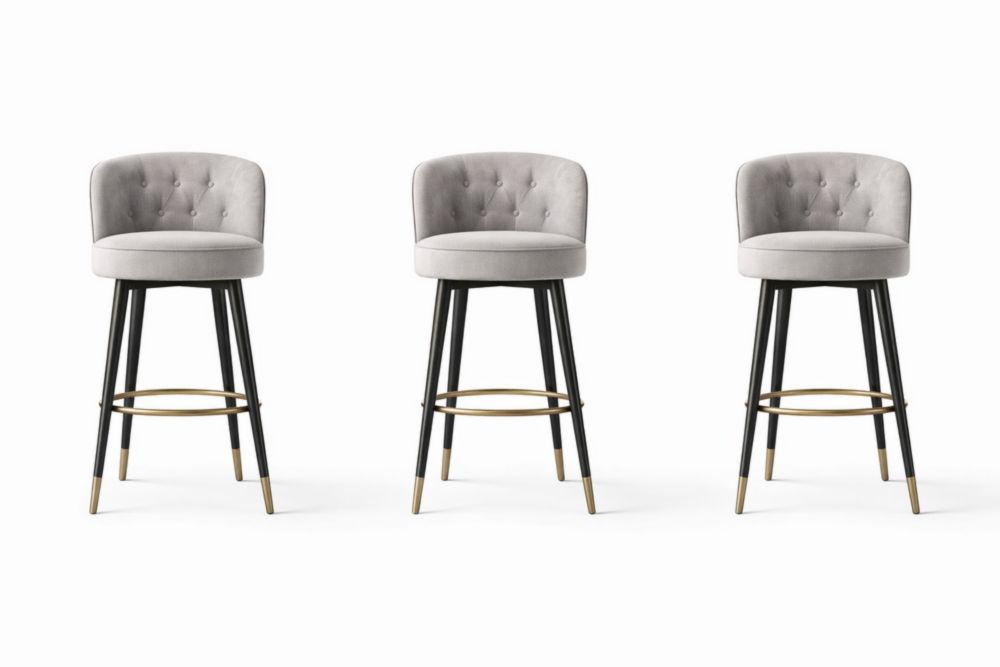 Velvet Upholstered Swivel Bar Stool Set with Black Metal Legs and Brass Accents Gray
