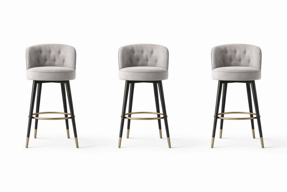 Velvet Upholstered Swivel Bar Stool Set with Black Metal Legs and Brass Accents Gray