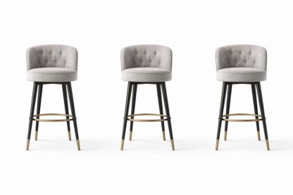 Velvet Upholstered Swivel Bar Stool Set with Black Metal Legs and Brass Accents Gray