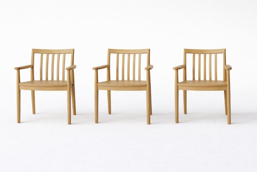 Set of 3 Solid Wood Armchairs Slatted Back Natural Finish