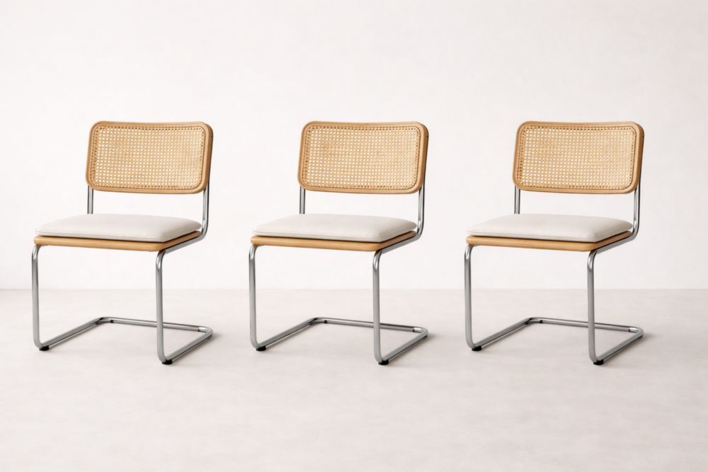 Set of 3 Chrome Frame Dining Chairs with Cane Back and Upholstered Seat Natural/White