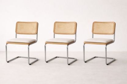 Set of 3 Chrome Frame Dining Chairs with Cane Back and Upholstered Seat Natural/White