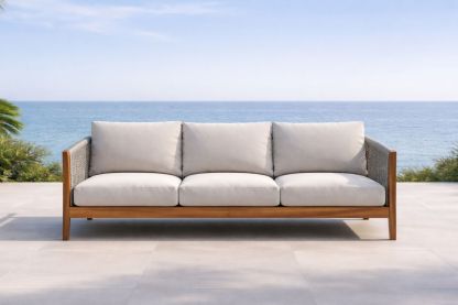 Outdoor Teak and Rope Sofa 3-Seater Beige Cushions