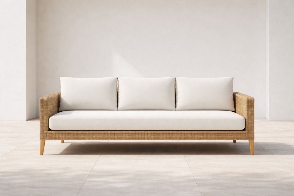 Rattan Outdoor Sofa with White Cushions 3-Seater