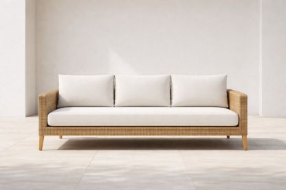 Rattan Outdoor Sofa with White Cushions 3-Seater