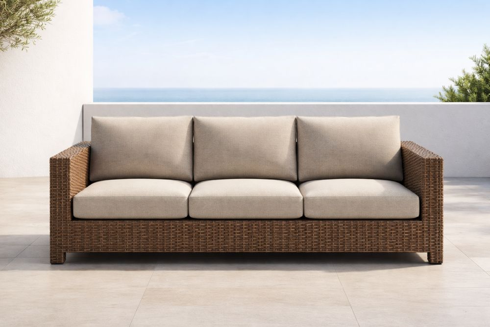 Outdoor Three-Seater Wicker Sofa Beige Cushions PE Rattan