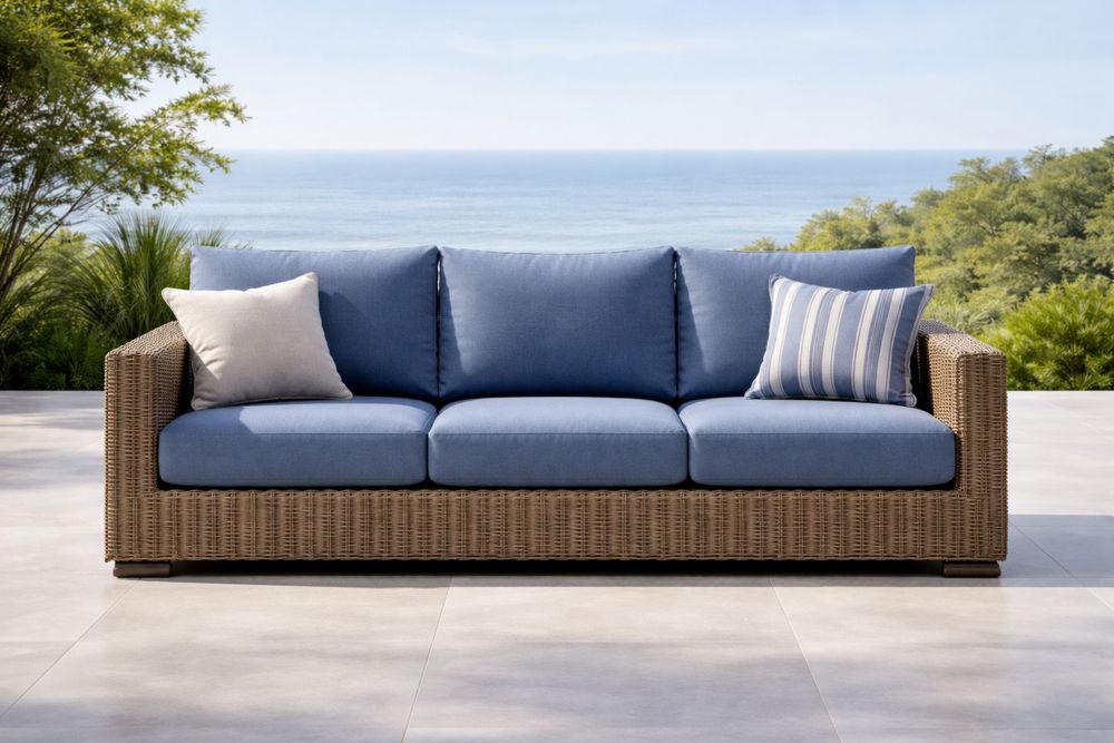 Outdoor Resin Wicker Sofa with Blue Cushions