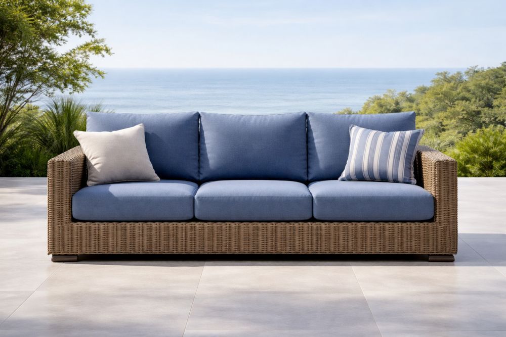 Outdoor Resin Wicker Sofa with Blue Cushions