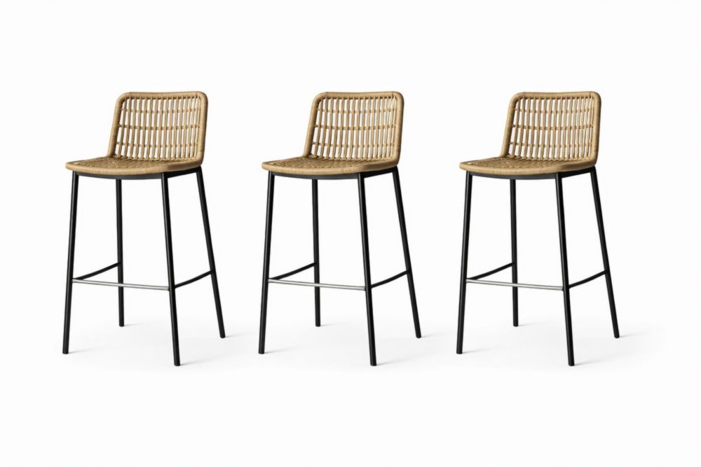 Set of 3 Rattan Bar Stools with Black Metal Frame 106cm Height