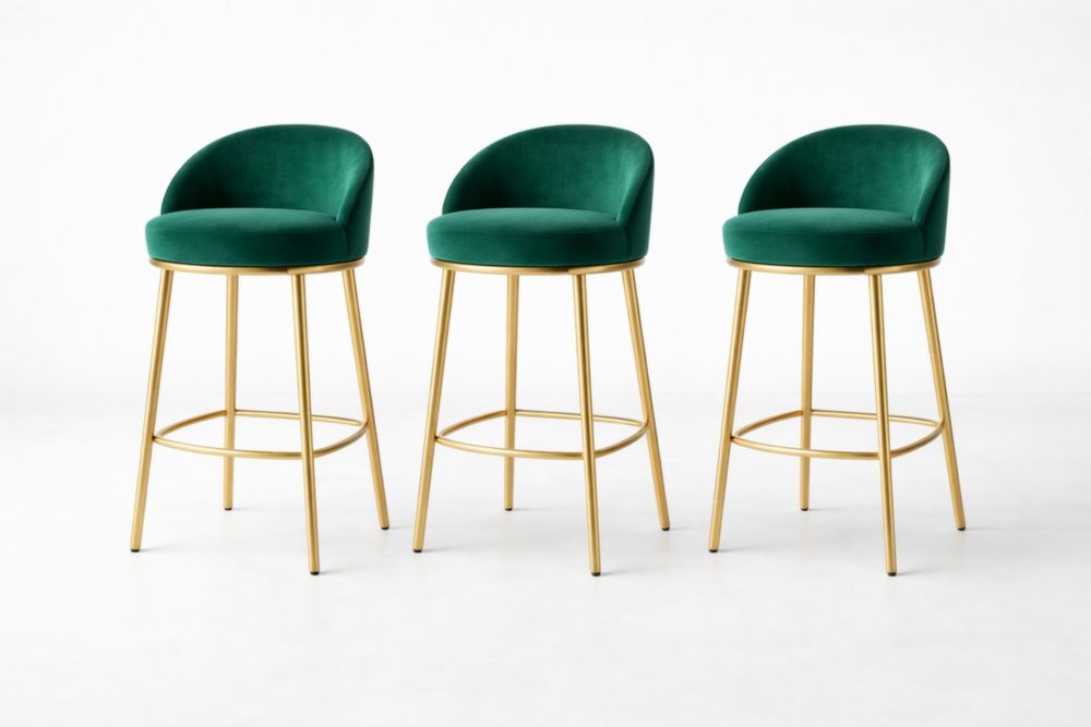 Set of 3 Green Velvet Bar Stools with Gold Metal Legs