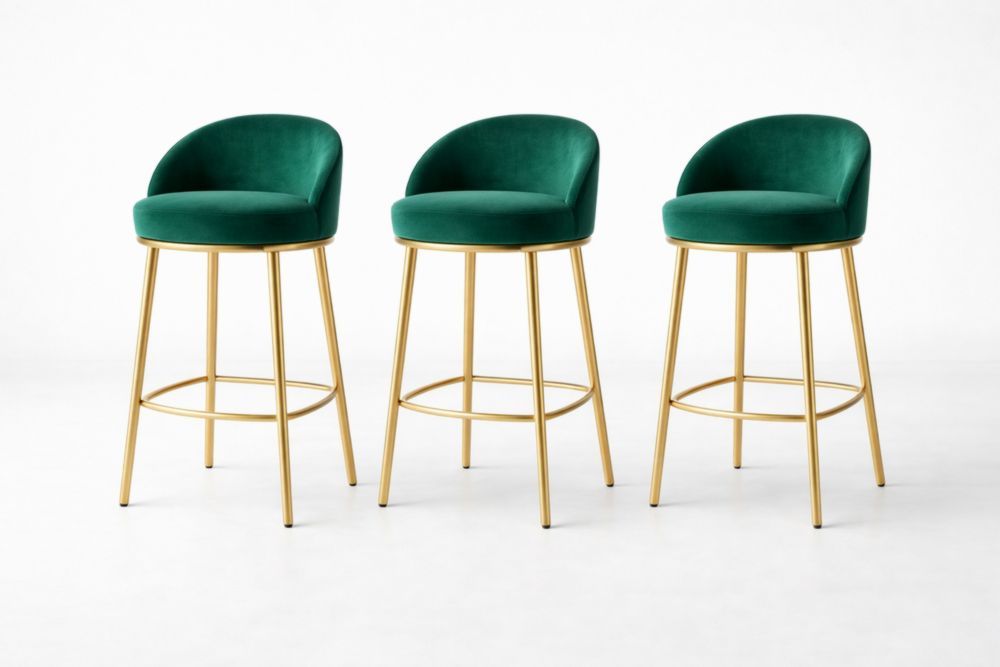Set of 3 Green Velvet Bar Stools with Gold Metal Legs