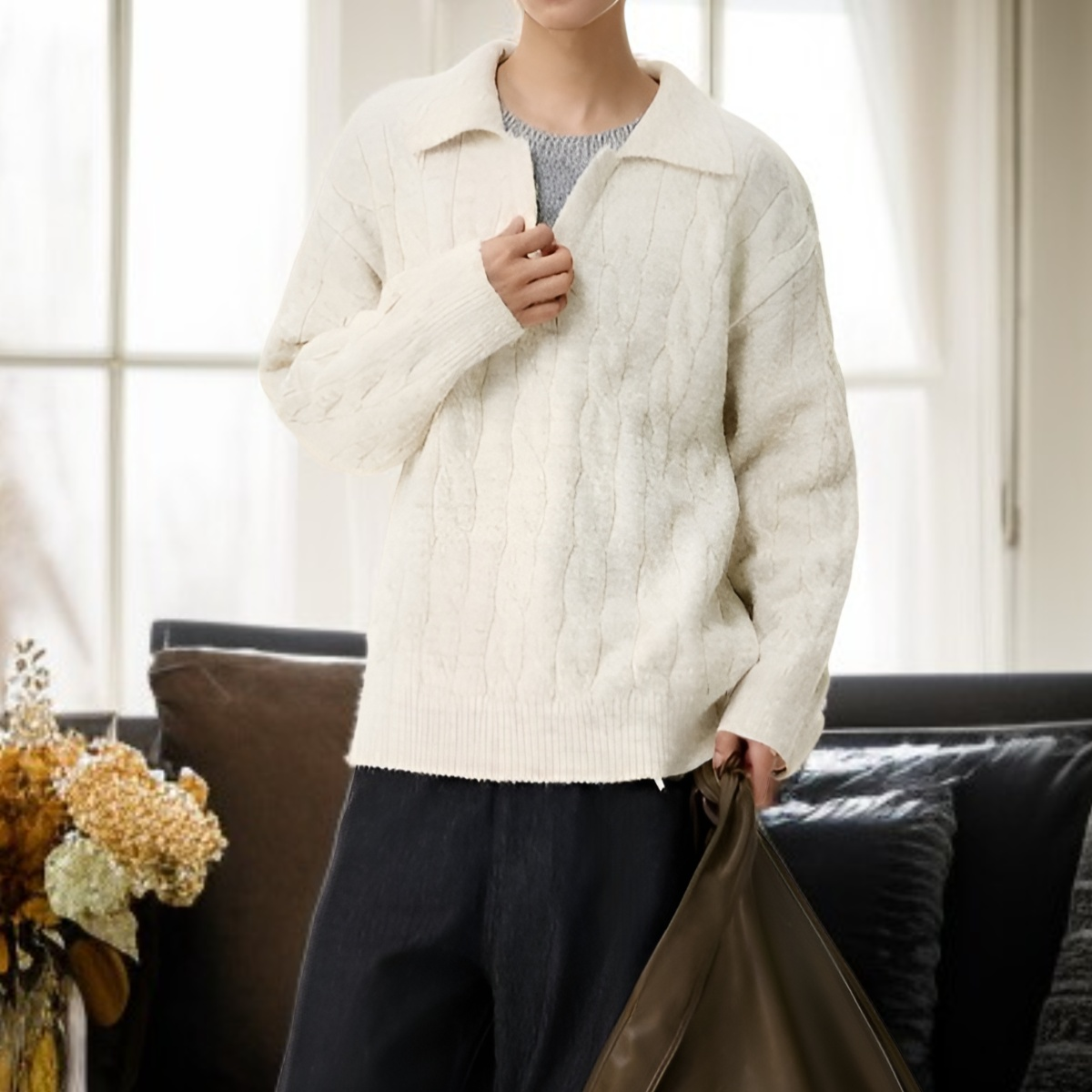 メンズフェイクツーピースVネックセーター