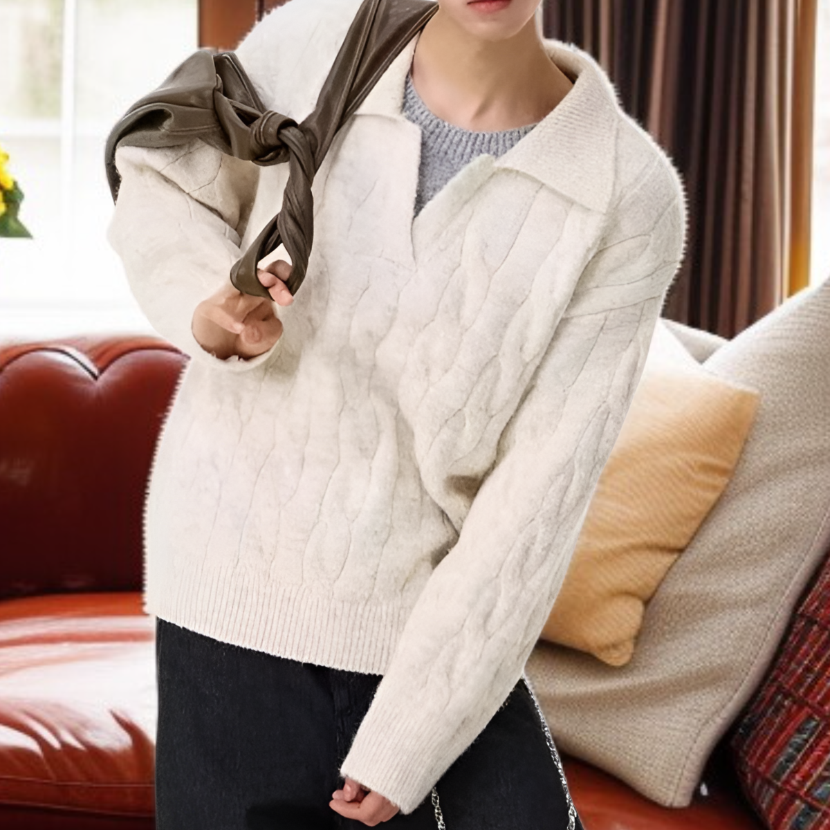 メンズフェイクツーピースVネックセーター