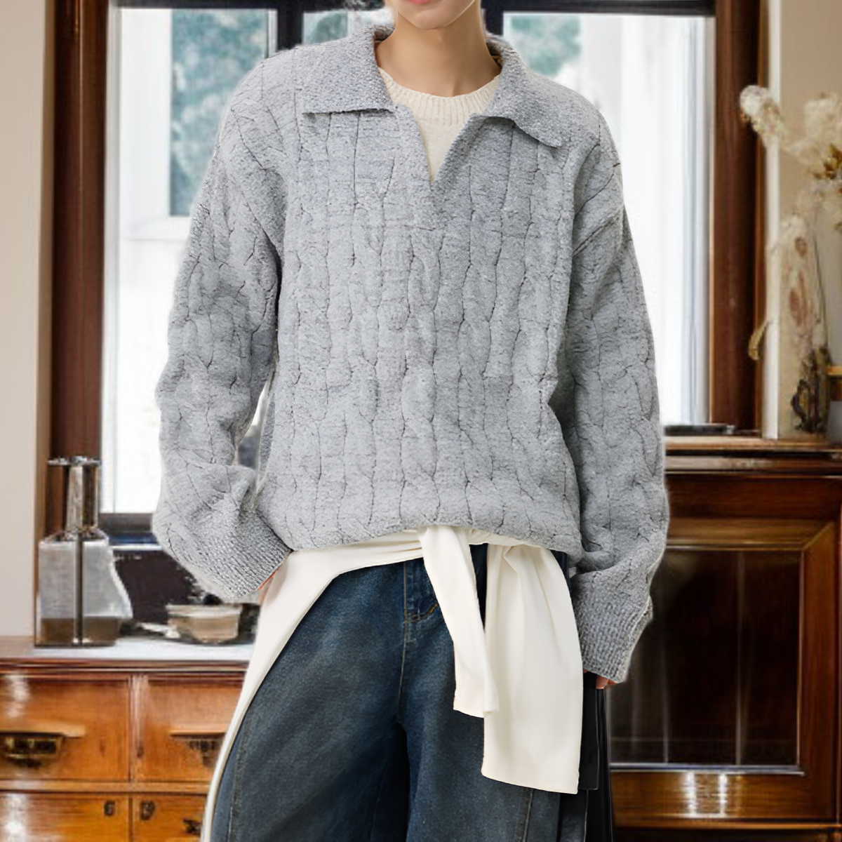 メンズフェイクツーピースVネックセーター