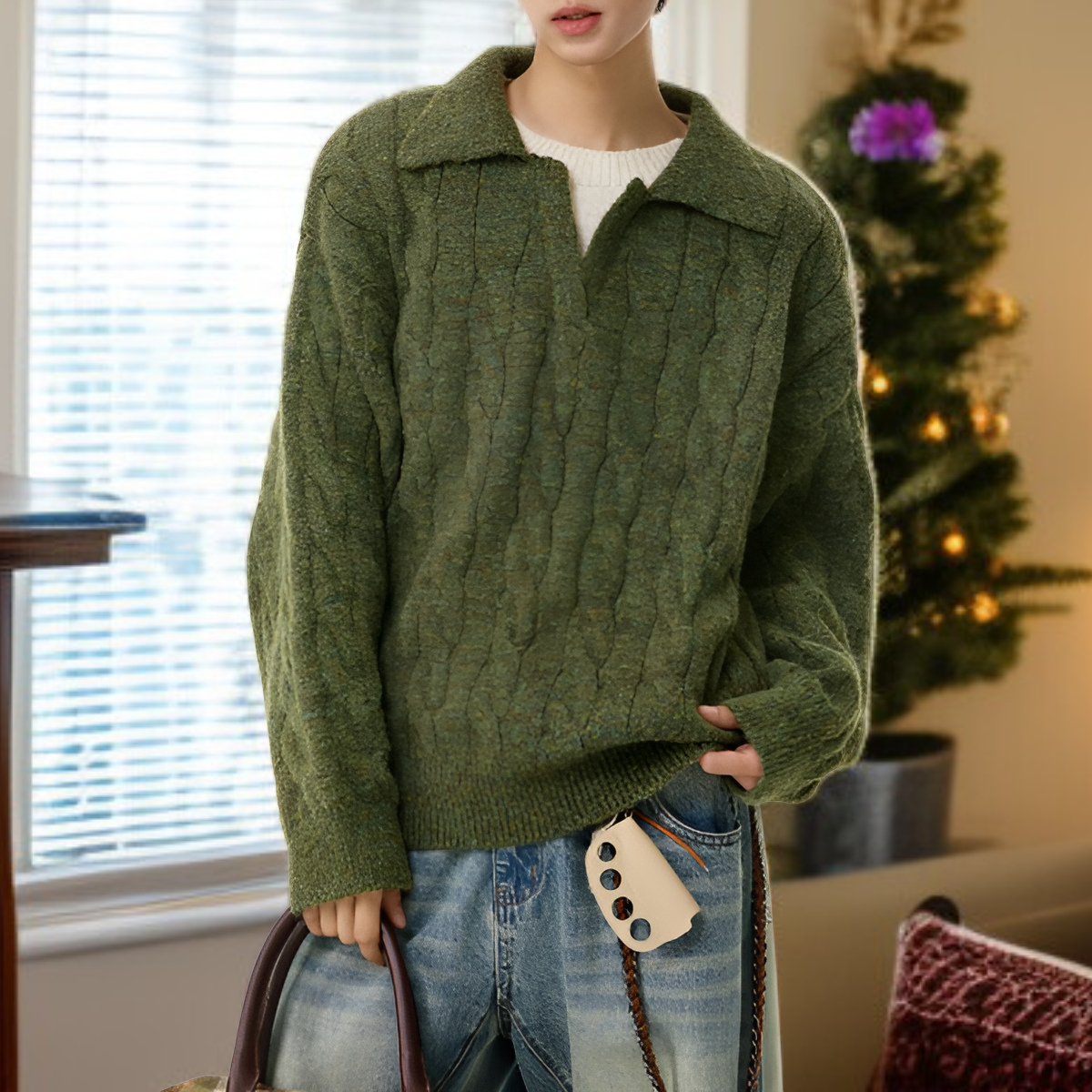 メンズフェイクツーピースVネックセーター