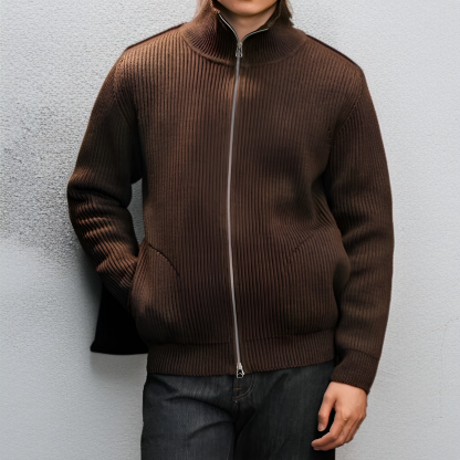 ストライプ柄ダブルジップウールカーディガン