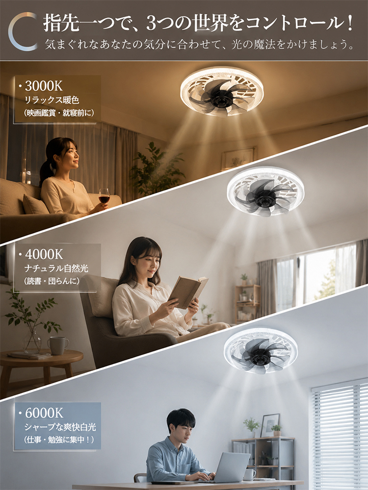 【静音・風量調節可能】2in1シーリングファンライト