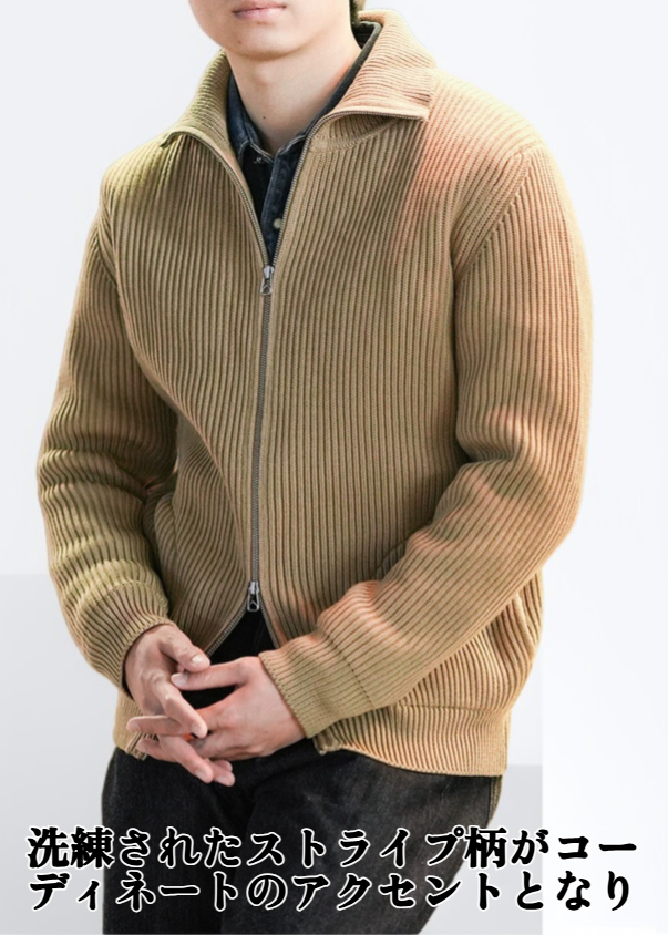 ストライプ柄ダブルジップウールカーディガンの全体画像