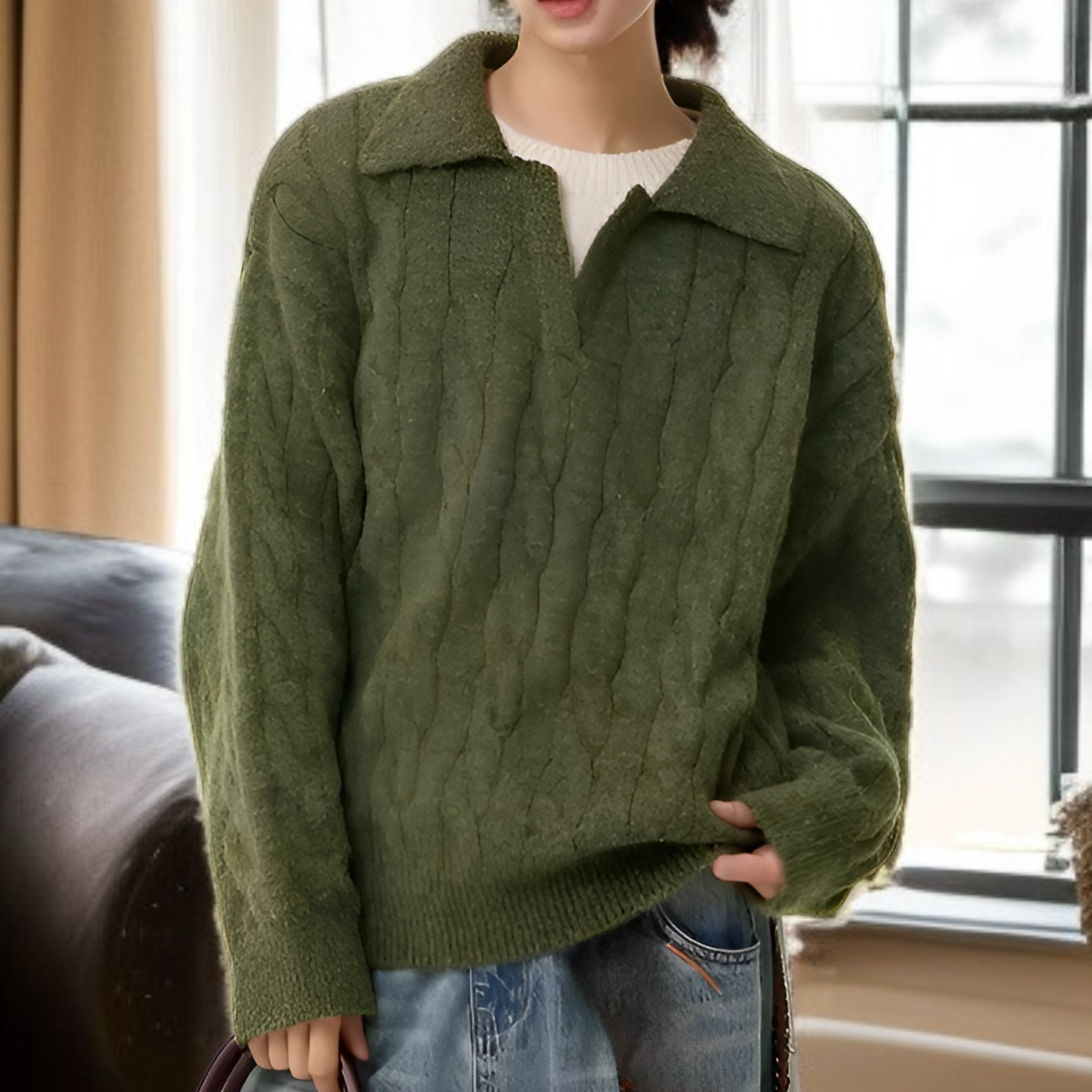 メンズフェイクツーピースVネックセーター