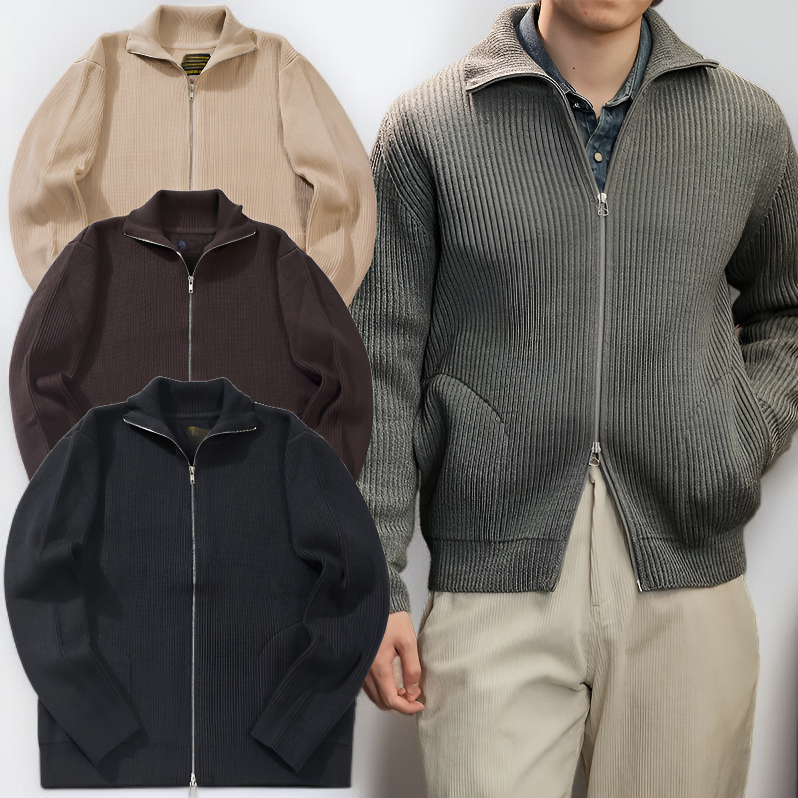 ストライプ柄ダブルジップウールカーディガン