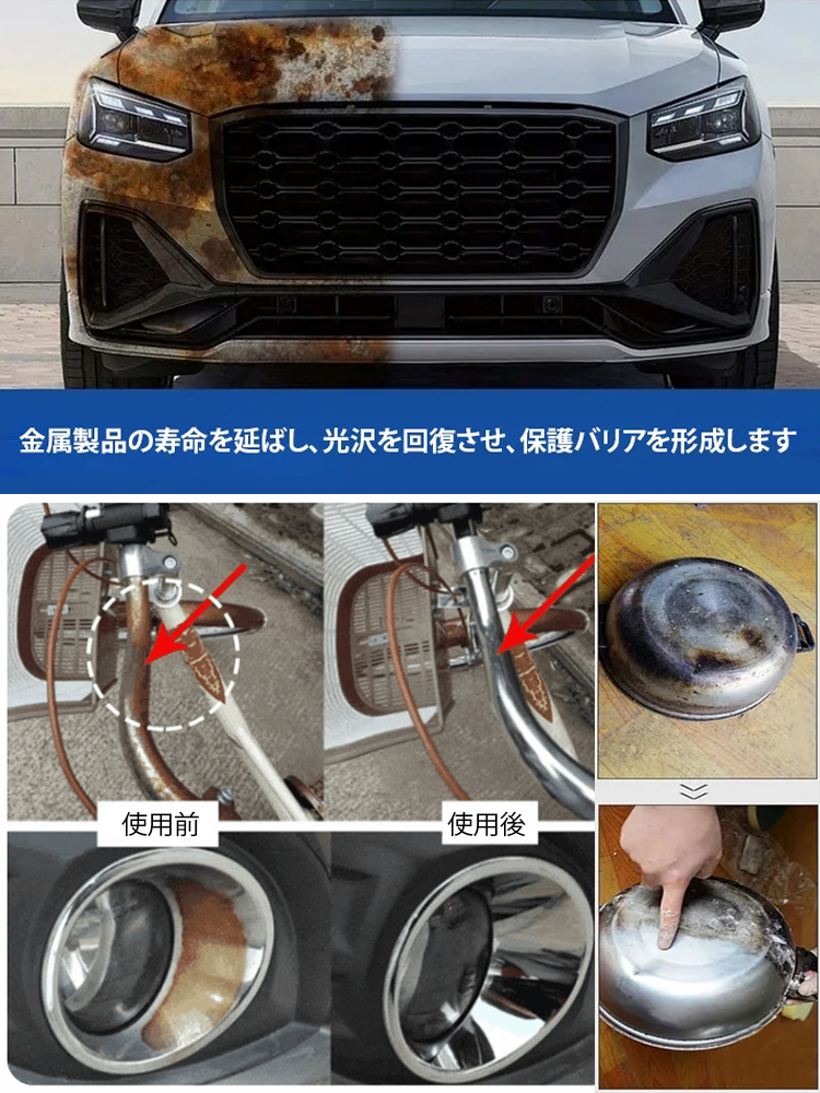 【金属を傷めない】即効サビ取り剤。日本最新の特許技術で、新品の輝きが蘇る！