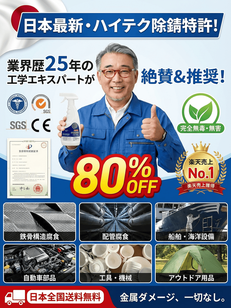 【金属を傷めない】即効サビ取り剤。日本最新の特許技術で、新品の輝きが蘇る！