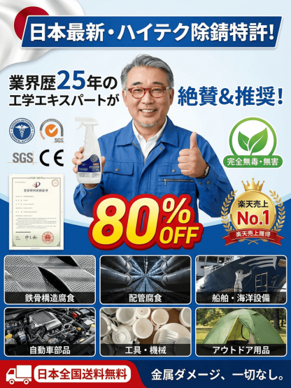 【金属を傷めない】即効サビ取り剤。日本最新の特許技術で、新品の輝きが蘇る！