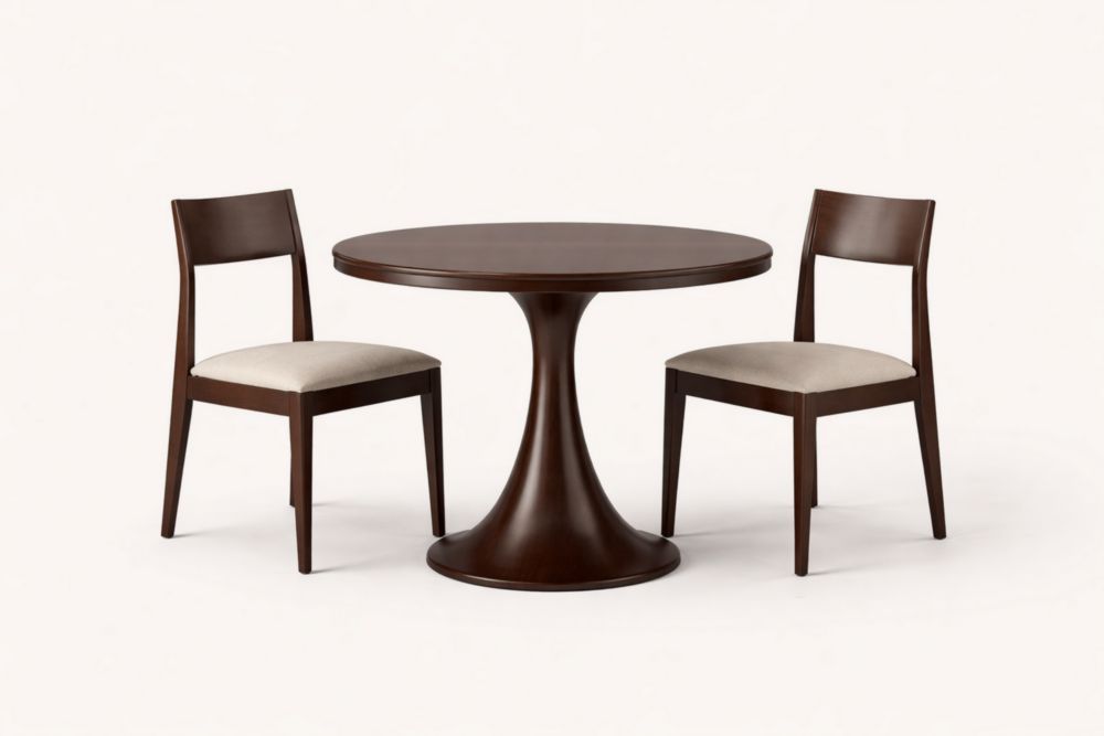 Wood Dining Table Set with Two Upholstered Chairs Round Top Dark Brown-Casamesto