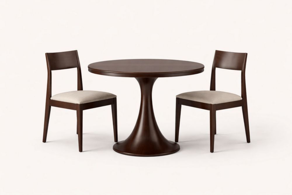 Wood Dining Table Set with Two Upholstered Chairs Round Top Dark Brown-Casamesto