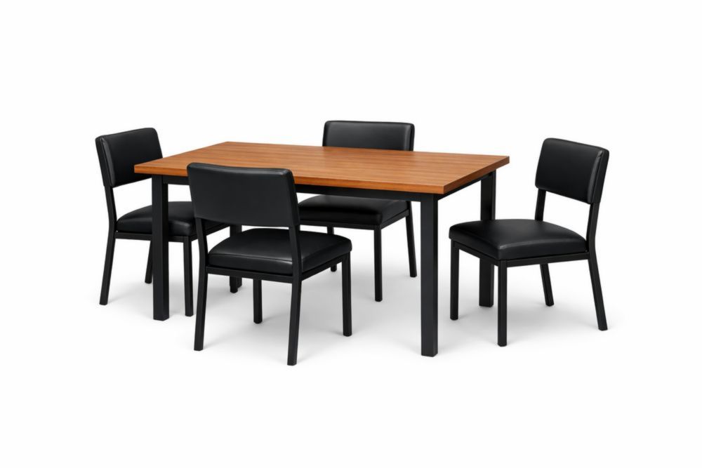 5-Piece Beech Wood Dining Table Set with Faux Leather Chairs in Black-Casamesto