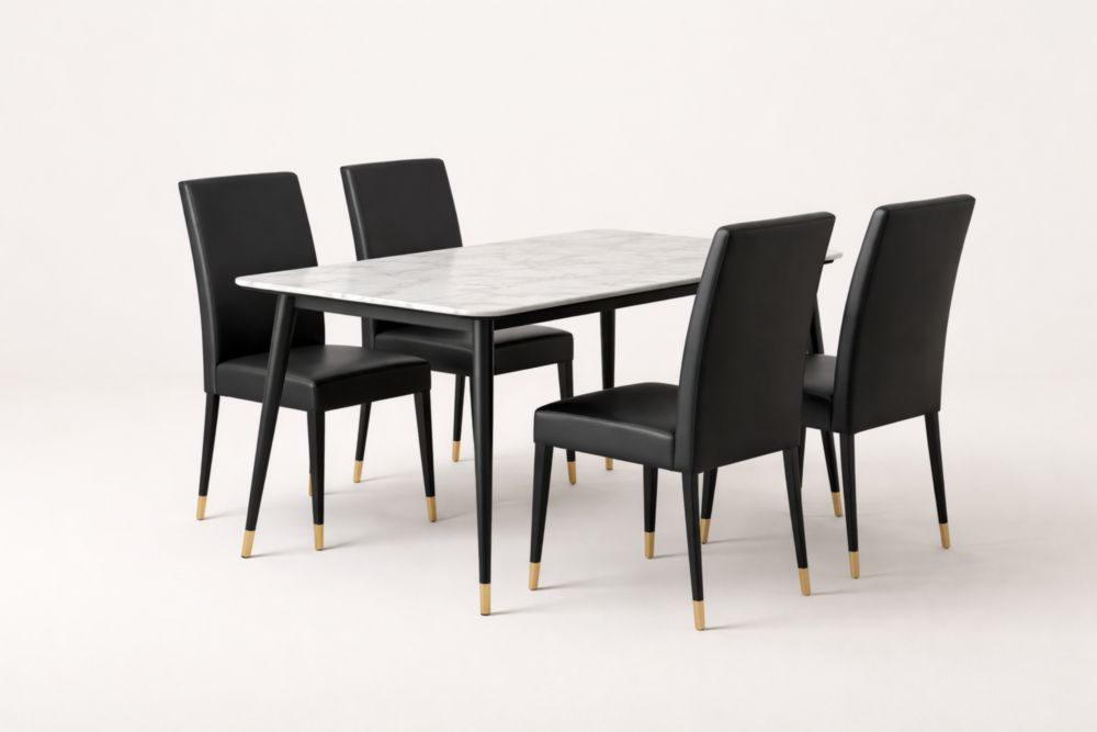 White MDF Dining Table with Stone-Pattern Laminate, 4 Black PU Leather Chairs, Carbon Steel Legs-Casamesto