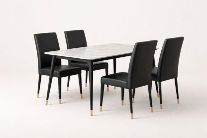 White MDF Dining Table with Stone-Pattern Laminate, 4 Black PU Leather Chairs, Carbon Steel Legs-Casamesto
