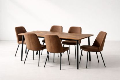 Wood and Steel Rectangular Dining Table Set with 6 Brown Fabric Chairs-Casamesto