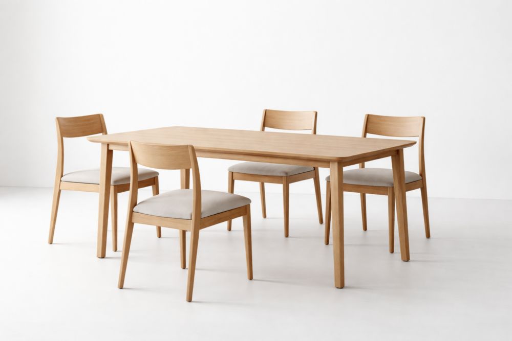 Solid Oak Dining Table Set with Four Upholstered Chairs Natural Beige-Casamesto