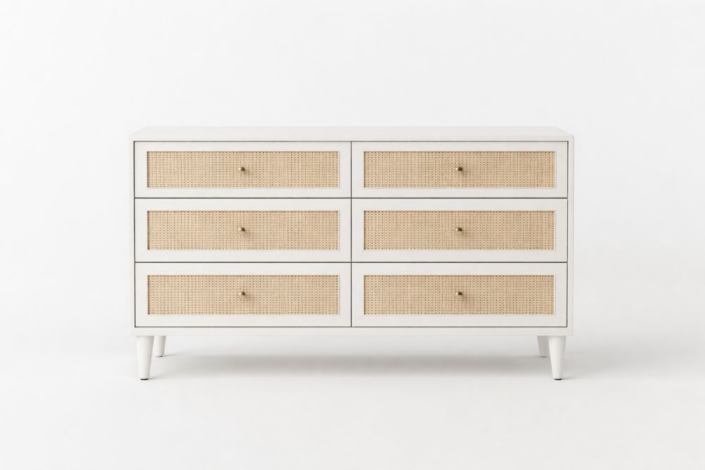 Solid Wood and Rattan Six-Drawer Dresser White-Casamesto