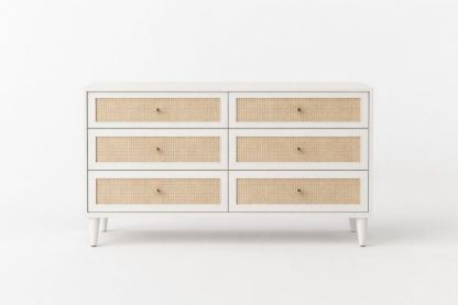 Solid Wood and Rattan Six-Drawer Dresser White-Casamesto