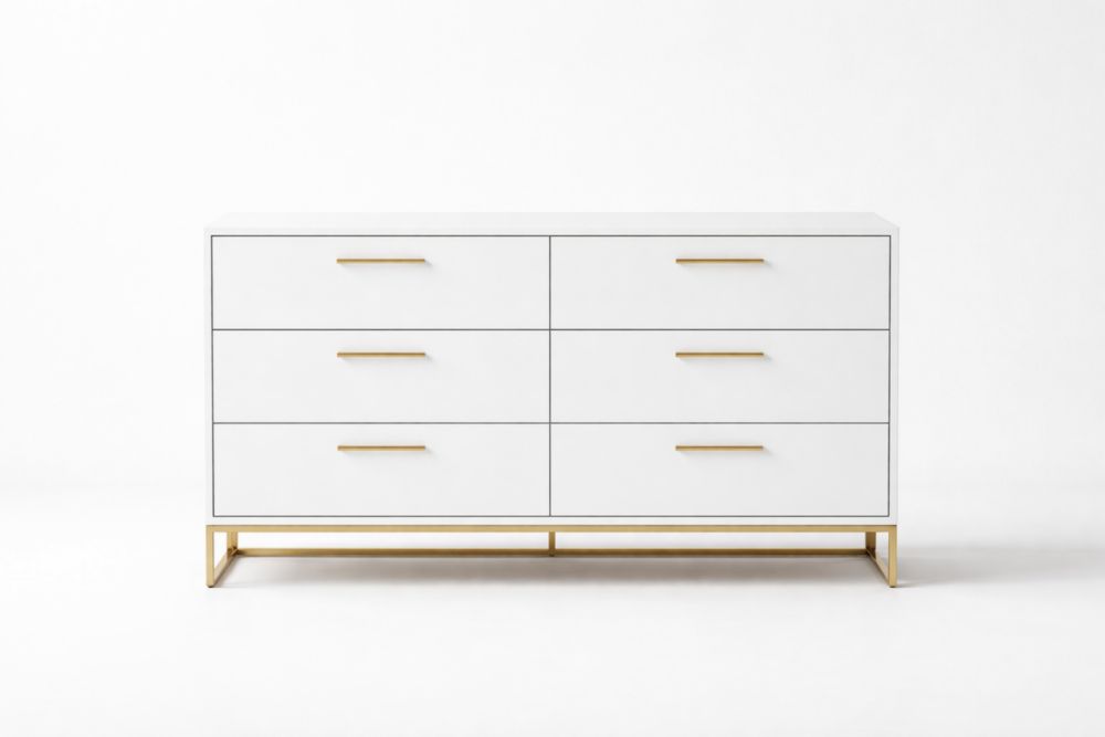 White 6-Drawer Dresser MDF with Steel Base Gold Handles-Casamesto
