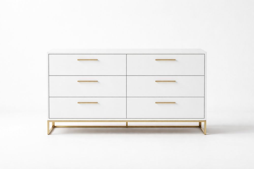White 6-Drawer Dresser MDF with Steel Base Gold Handles-Casamesto