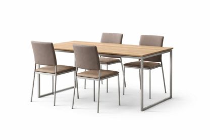 Dining Table Set with 4 Chairs MDF Wood Veneer Top Steel Frame Beige Fabric Upholstery 120cm x 75cm x 75cm-Casamesto