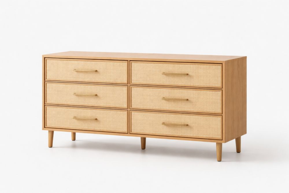 Solid Wood and Rattan 6-Drawer Dresser with Natural Finish-Casamesto