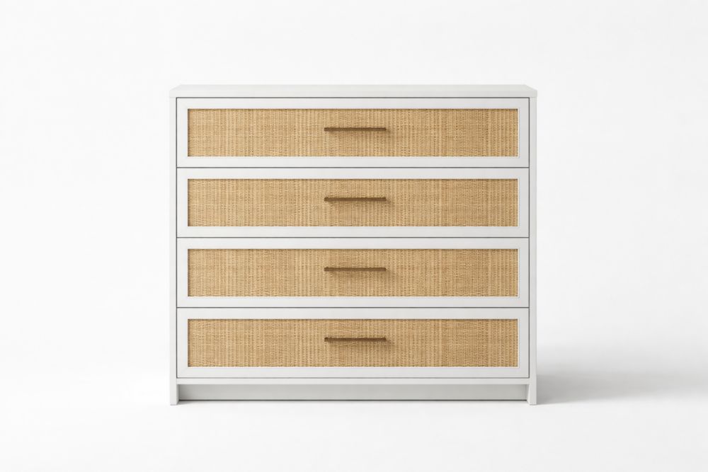 Wood and Rattan 4-Drawer Chest White and Natural 100x45x80cm-Casamesto