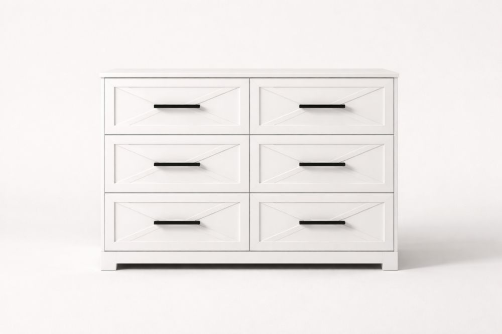 White MDF Six-Drawer Dresser with Black Handles-Casamesto