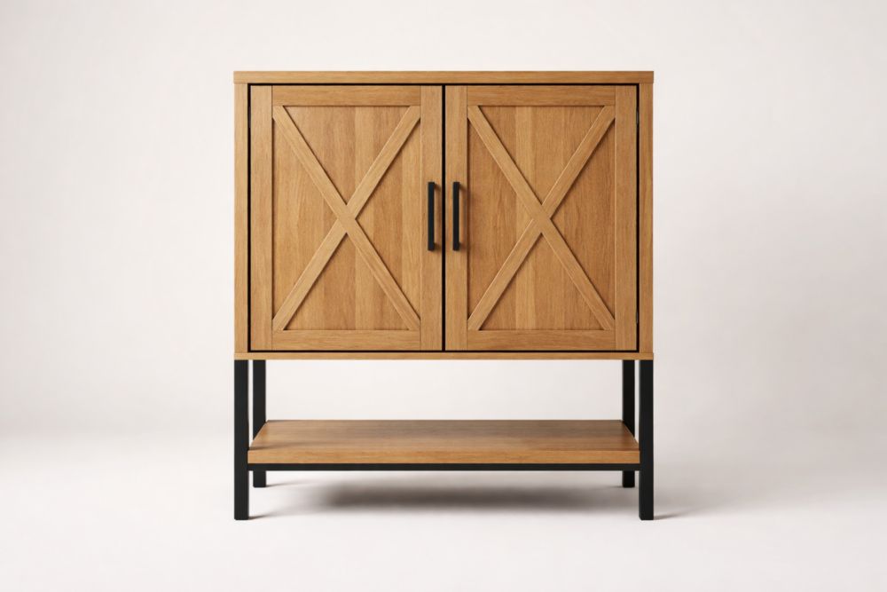 Oak Wood Storage Cabinet with Steel Frame-Roofviewsy