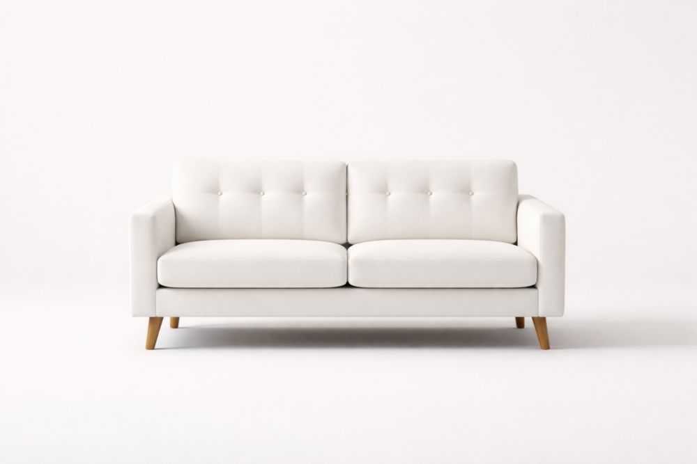White Linen Upholstered Sofa with Polyurethane Foam, Rubberwood Frame, Tufted Backrest, Removable Cushions, 190cm x 85cm x 80cm-Roofviewsy