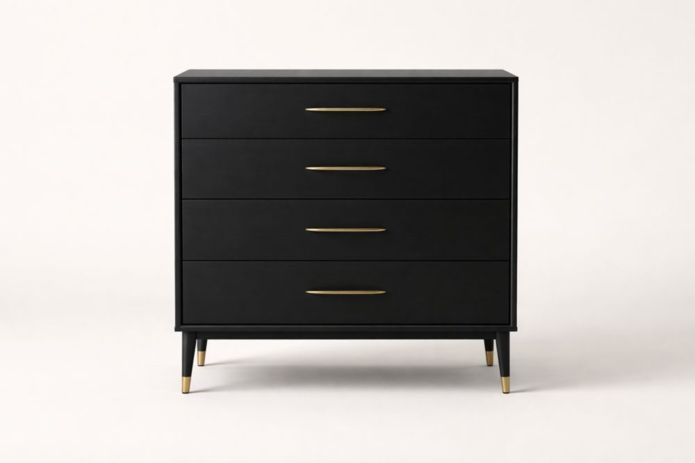 Black Wood Chest of Drawers with Brass Handles 90x80x45cm-Roofviewsy