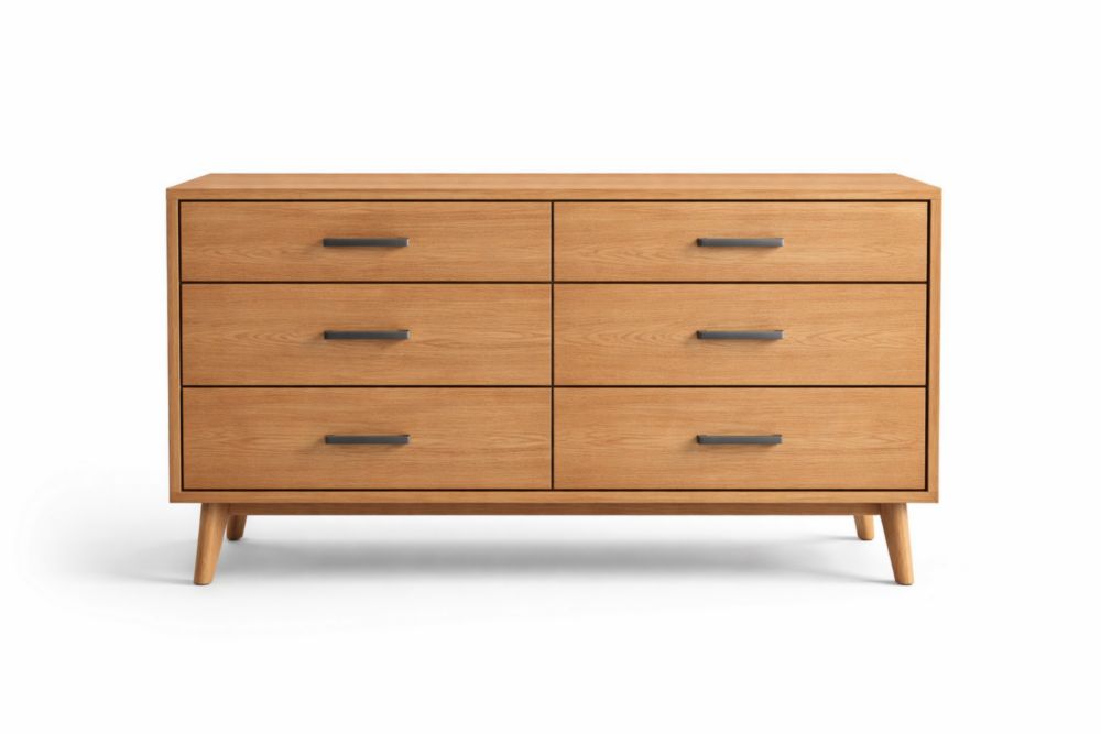 Solid Oak Wood Six-Drawer Dresser with Steel Handles-Roofviewsy