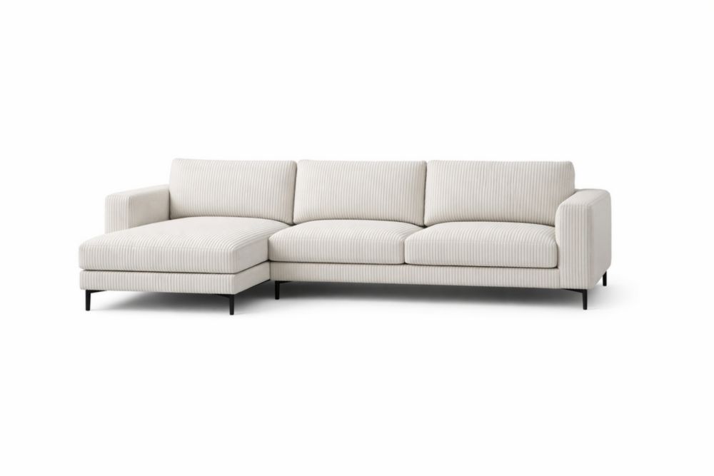 White Corduroy Sectional Sofa with Left Chaise and Steel Legs-Livovantae