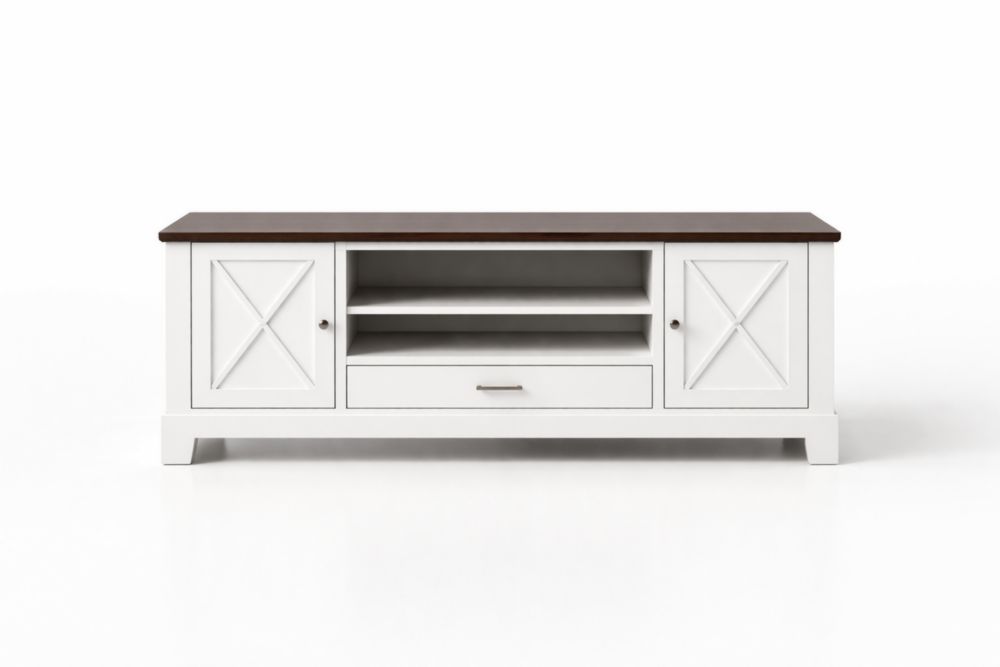 White Engineered Wood TV Stand with Veneer Top, Brown Accents, 150cm x 40cm x 55cm, Assembly Required-Livovantae