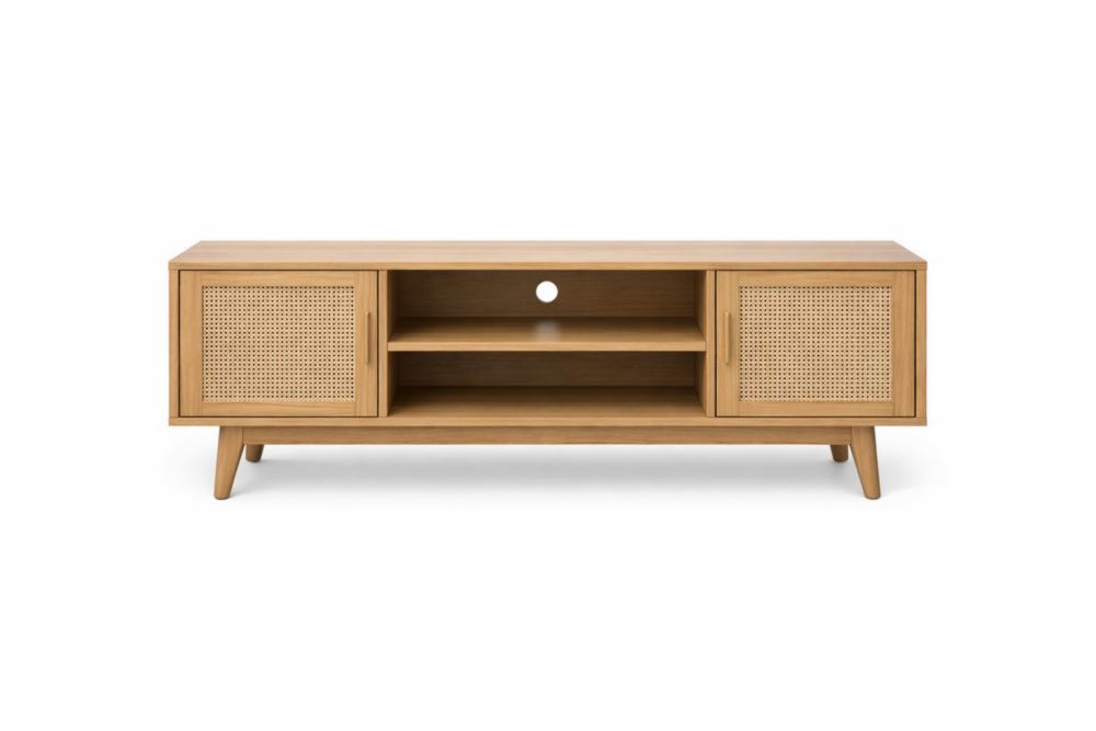 Natural Rubberwood TV Stand with Rattan Panel Doors, Natural Wood Veneer, 150cm x 40cm x 50cm, Assembly Required-Livovantae