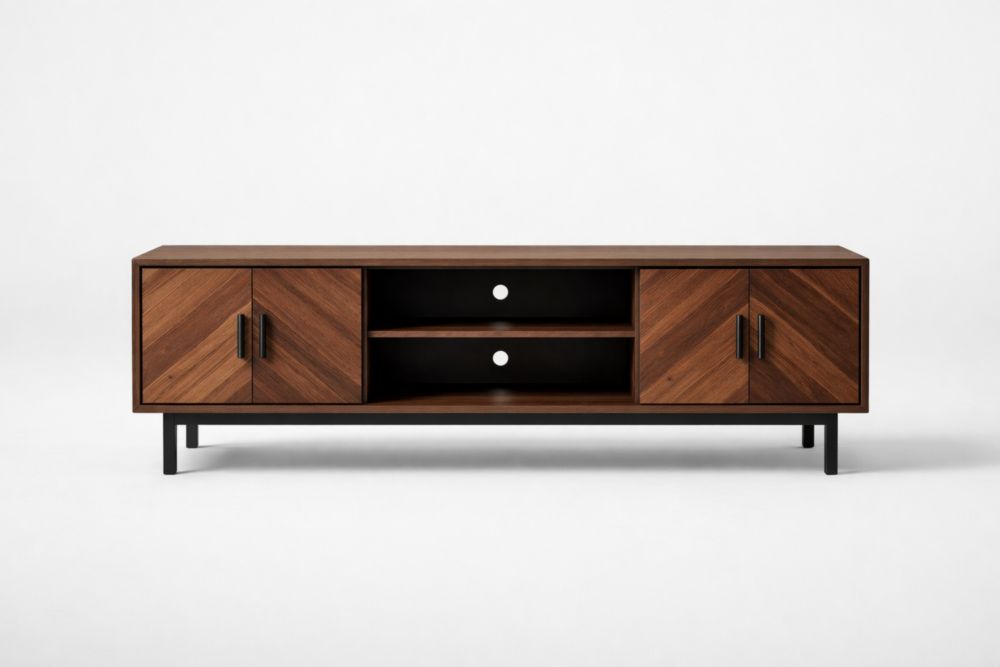 Wood TV Stand with Dual Cabinets and Open Shelves-Livovantae